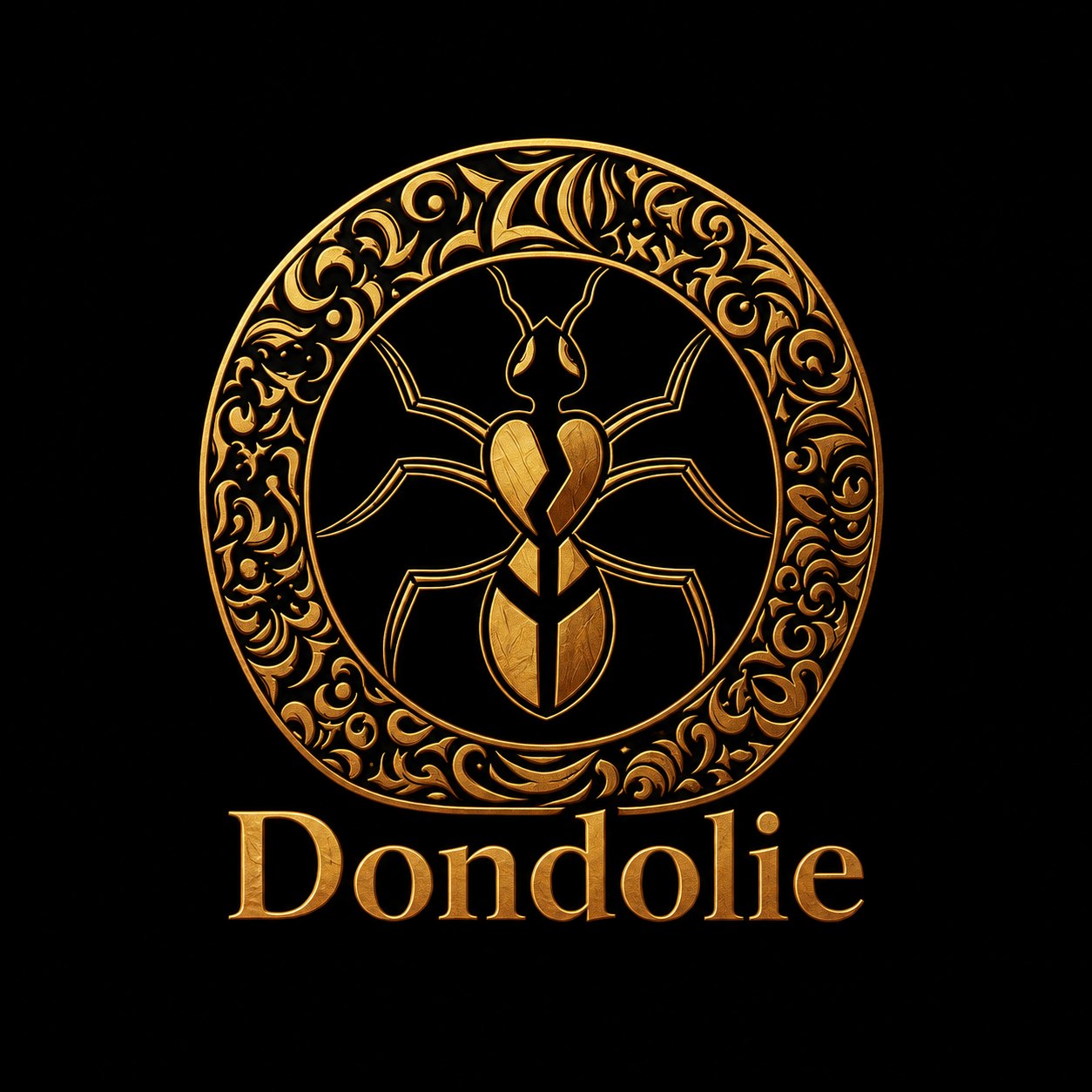 Emblème Dondolie — fourmi d’or au thorax en cœur, cercle ornementé, fond noir.